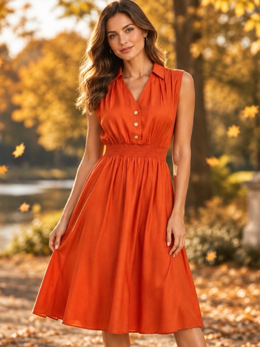 TWIK by Simons Coral Sleeveless Smocked Waist Midi Dress Petite Small P/S